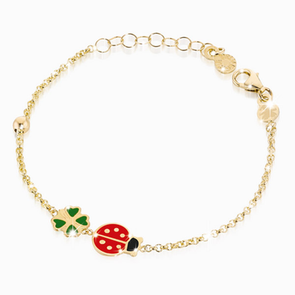 LeBebè - Bracciale FORTUNA in oro giallo con quadrifoglio e coccinella in oro e smalto colorato