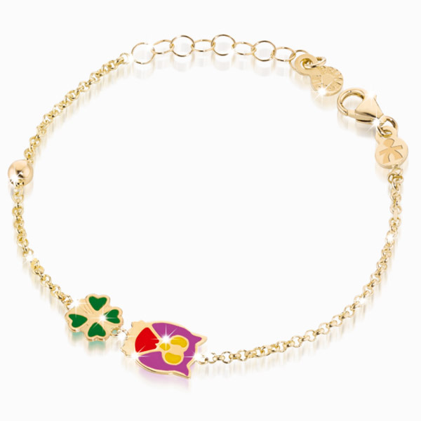 LeBebè - Bracciale FORTUNA in oro giallo con quadrifoglio e civetta con smalto colorato