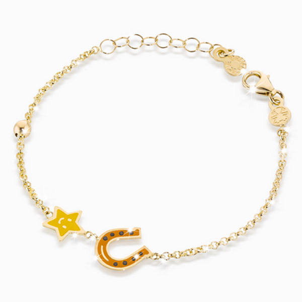 LeBebè - Bracciale FORTUNA in oro giallo con stellina e ferro di cavallo con smalto colorato