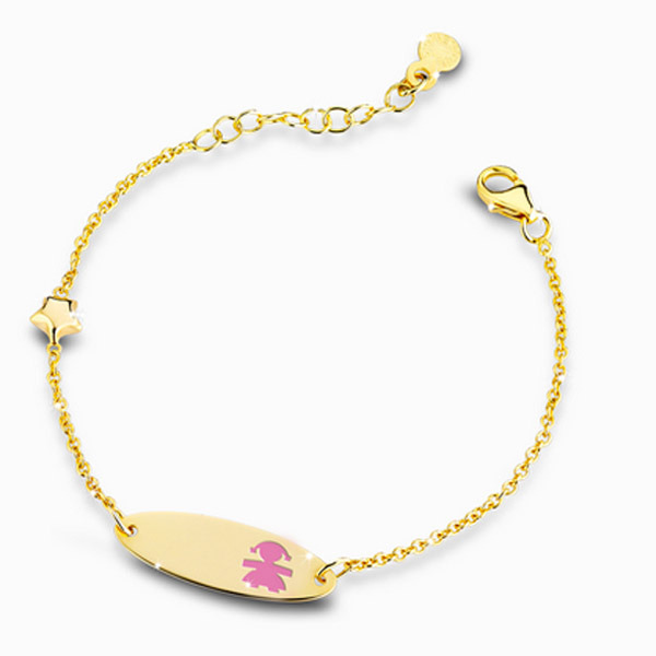 LeBebè - Bracciale PRIMEGIOIE con piastrina in oro giallo con bimba in smalto rosa e stellina oro giallo