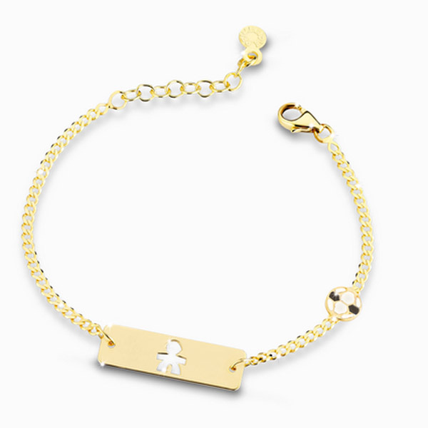 LeBebè - Bracciale PRIMEGIOIE in oro giallo con piastrina con sagoma bimbo traforata e con pallone smaltato