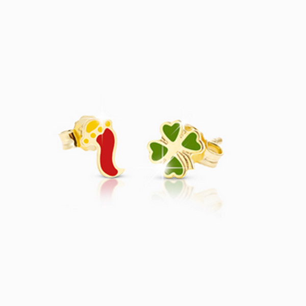 LeBebè - Orecchini FORTUNA in oro giallo con cornetto e quadrifoglio con smalto colorato