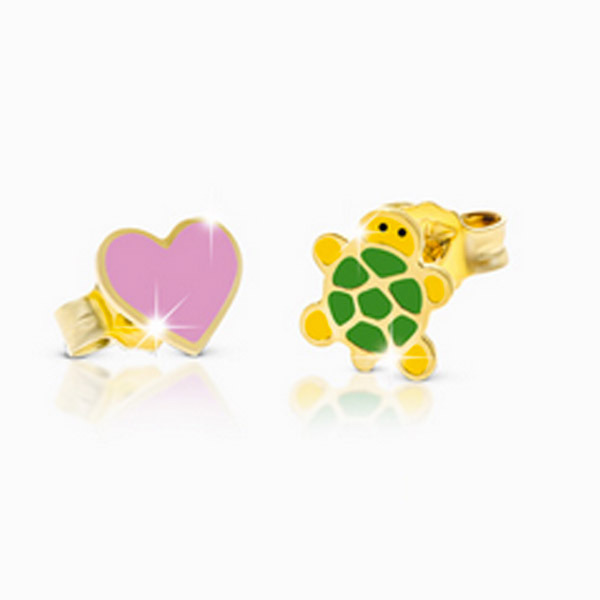 LeBebè - Orecchini FORTUNA in oro giallo con cuore e tartaruga in smalto colorato