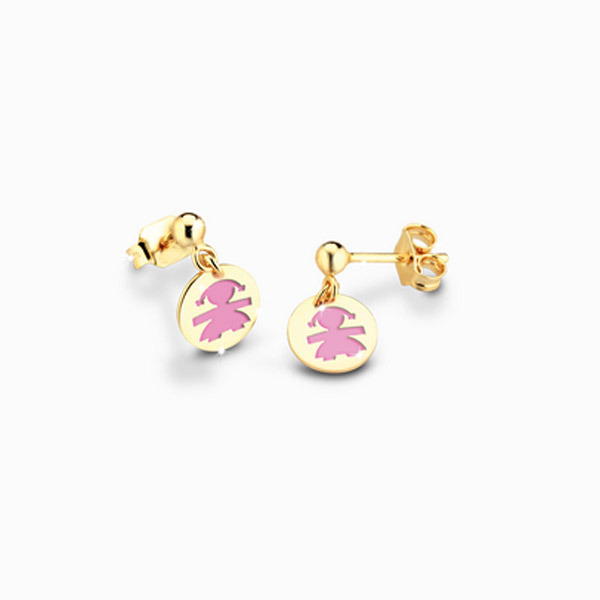 LeBebè - Orecchini PRIMEGIOIE pendenti in oro giallo con cerchietto in oro e bimba in smalto rosa
