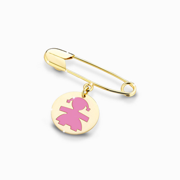 LeBebè - Spilla PRIMEGIOIE in oro giallo con pendente con bimba in smalto rosa