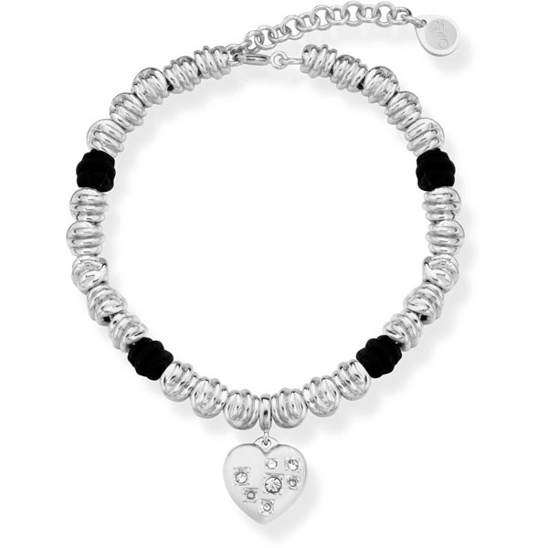 OPS!JEWELS NODI - Bracciale con nodi in ottone silver e quattro nodi in silicone nero - ciondolo CUORE in acciaio