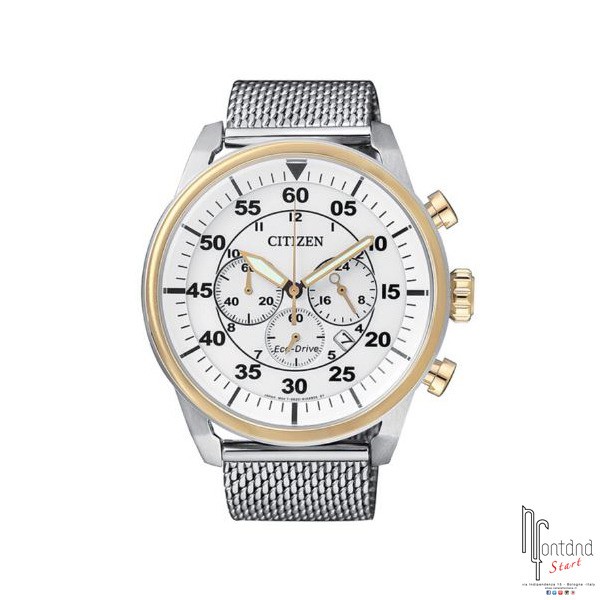 Orologio Citizen Aviator Eco-Drive Crono acciaio cinturino maglia milano/quadrante bianco/lunetta dorata