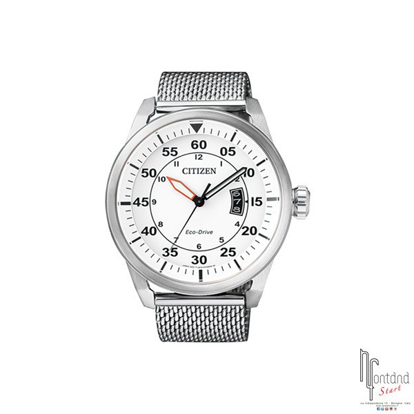 Orologio Citizen Aviator Eco-Drive in acciaio solo tempo/cinturino maglia milano/quadrante bianco