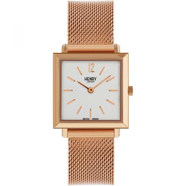 Orologio Henry London Heritage Square - cassa e cinturino in acciaio laminato rosato, maglia milanese