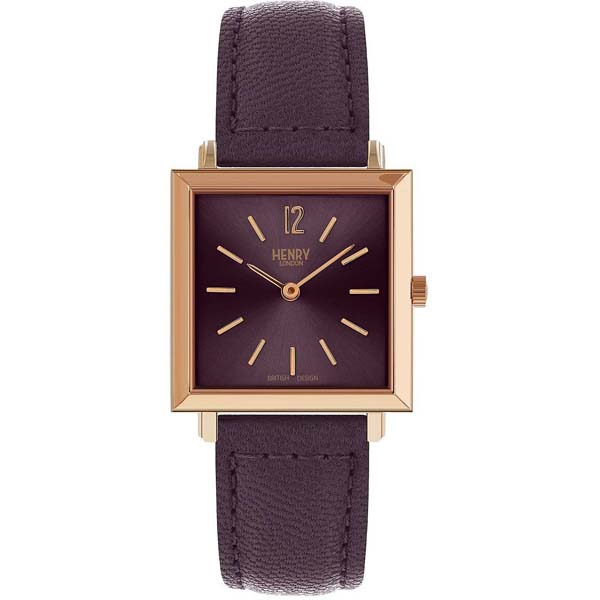 Orologio Henry London Heritage Square cassa quadrata in acciaio laminato, quadrante viola e cinturino in pelle viola