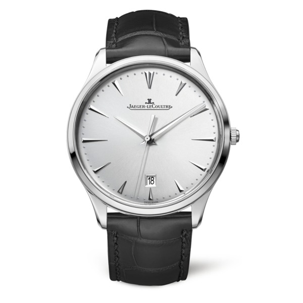 Orologio Jaeger Le-Coultre Master Ultra Thin Date con cassa acciaio, quadrante argenté e cinturino in pelle