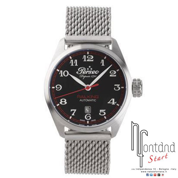 Orologio Perseo Railking quadrante nero/cinturino in acciaio maglia-milano - diametro 42 mm