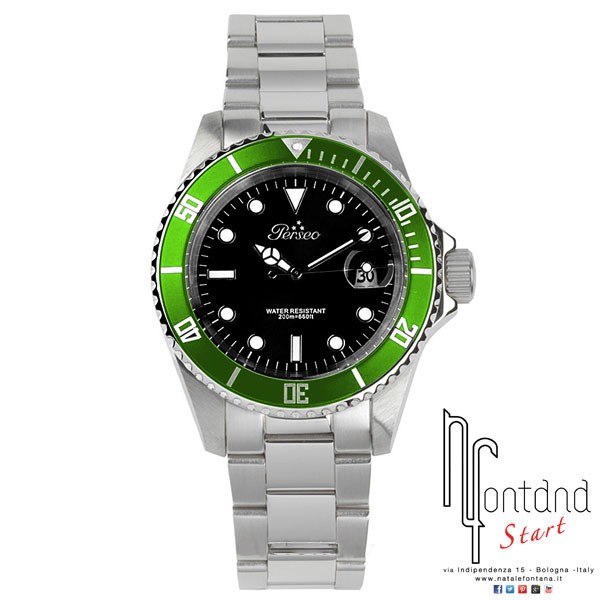 Orologio Perseo Trestelle in acciaio con quadrante nero/ghiera verde