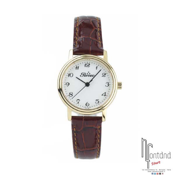 Orologio Perseo da donna con cassa in acciaio dorato, vetro zaffiro, cinturino in pelle marrone stampata