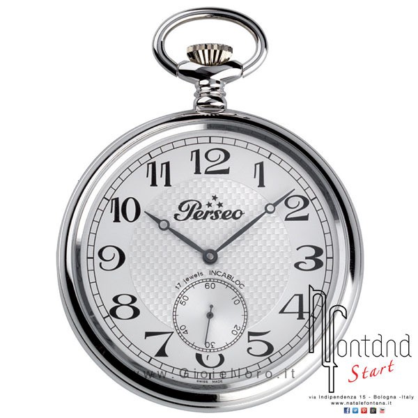 Orologio Perseo da tasca in metallo rodiato con secondi fissi a ore sei - diametro 54 mm