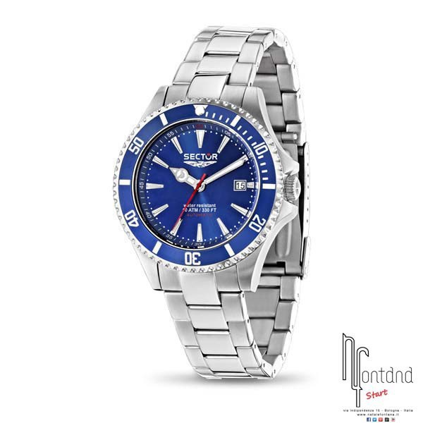Sector orologio Automatico in acciaio con ghiera e quadrante blu e datario a ore 3