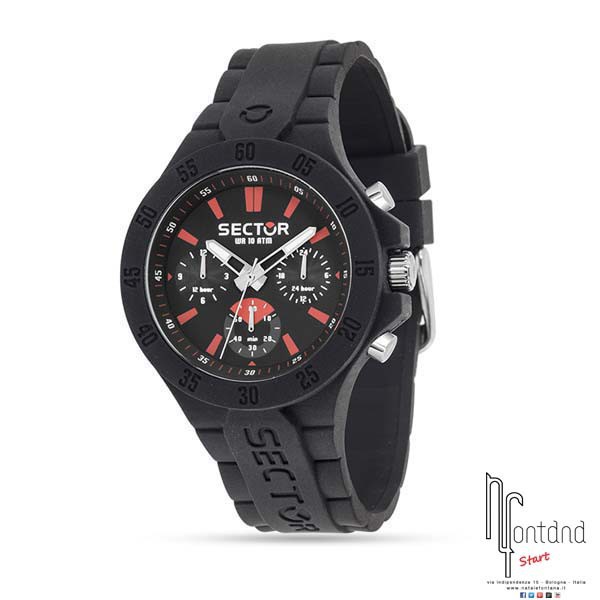 Sector orologio Crono Steel Touch Total Black con cinturino in gomma nera e indici rossi