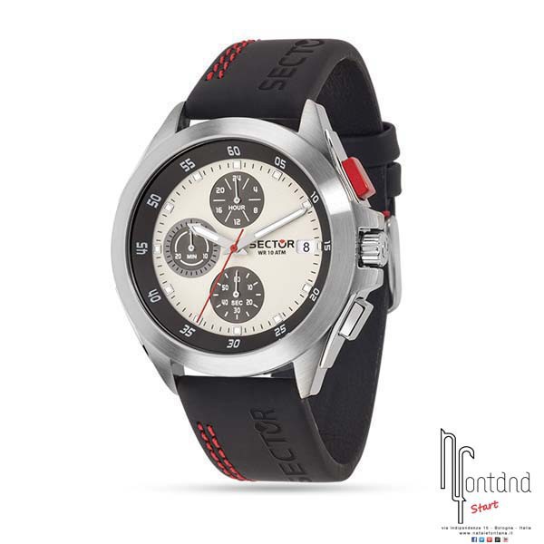 Sector orologio Crono con cassa in acciaio/cinturino in gomma nero e cuciture rosse/quadrante bianco