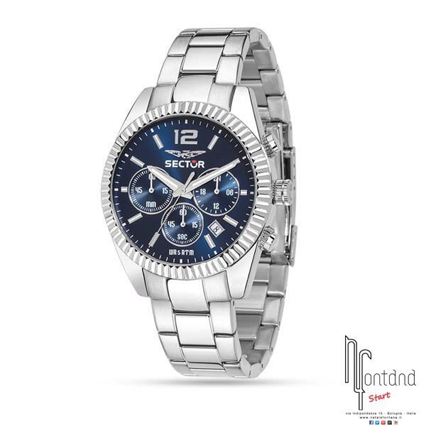 Sector orologio Cronografo in acciaio con quadrante blu e ghiera zigrinata