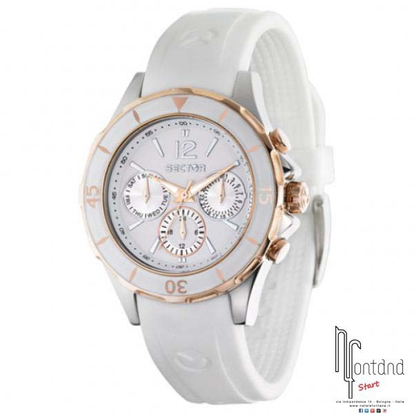 Sector orologio Lady Crono con cassa in acciaio,ghiera bianca e rosata,quadrante bianco,cinturino in gomma bianco