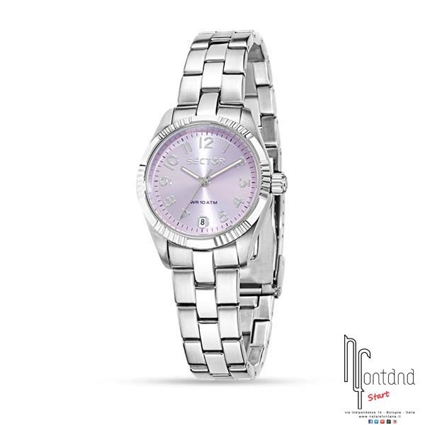 Sector orologio Lady in acciaio con datario a ore 6/quadrante lilla/ghiera in acciaio zigrinata