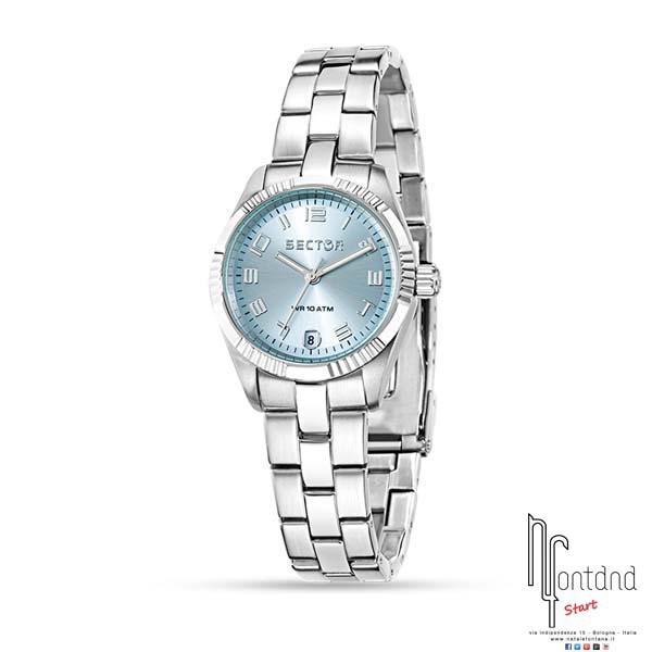 Sector orologio Lady in acciaio con datario a ore 6/quadrante azzurro/ghiera in acciaio zigrinata