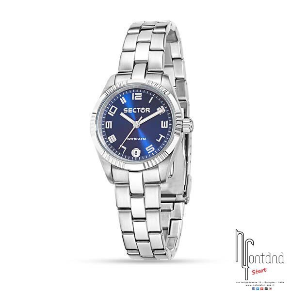 Sector orologio Lady in acciaio con datario a ore 6/quadrante blu e ghiera in acciaio zigrinata