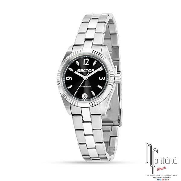 Sector orologio Lady in acciaio con datario a ore 6/quadrante nero/ghiera in acciaio zigrinata
