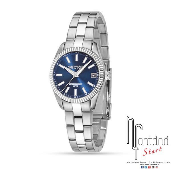 Sector orologio Lady in acciaio con indici a bastone/quadrante blu/ghiera in acciaio zigrinata