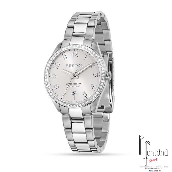 Sector orologio Lady in acciaio con quadrante argentato/ghiara in zirconi/datario a ore 6
