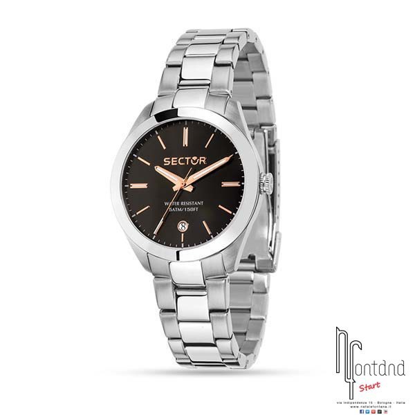 Sector orologio Lady in acciaio con quadrante nero e indici rosati