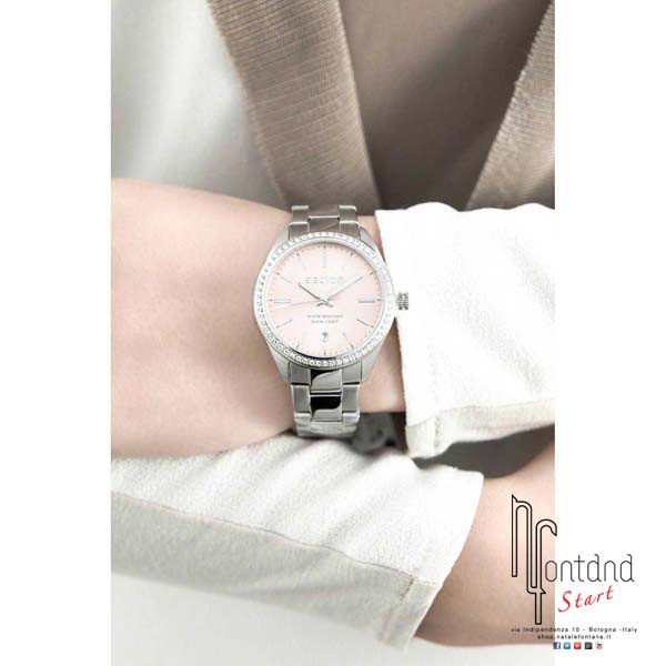 Sector orologio Lady in acciaio con quadrante rosa antico/ghiara in zirconi/datario a ore 6