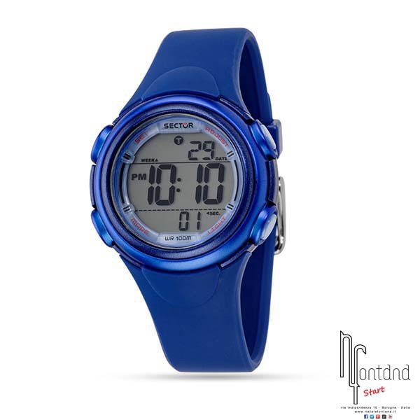 Sector orologio digitale con cassa in resina e cinturino in gomma blu