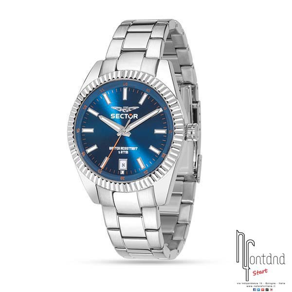 Sector orologio in acciaio con datario a ore 6/quadrante blu/ghiera in acciaio zigrinato
