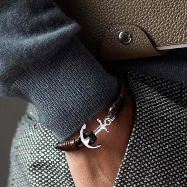 Tom Hope Cohiba Brown - pelle marrone scuro intrecciata e ancora in argento 925 - M