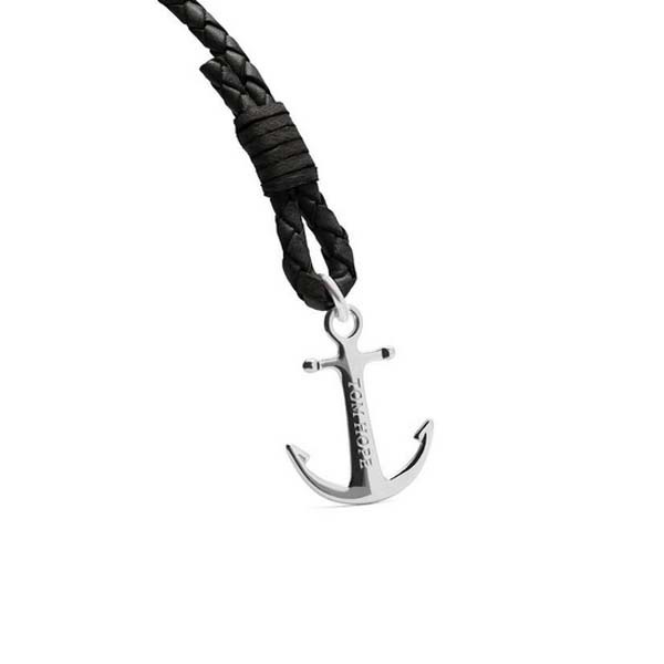Tom Hope Jet Black - pelle nera intrecciata e ancora in argento 925 - S