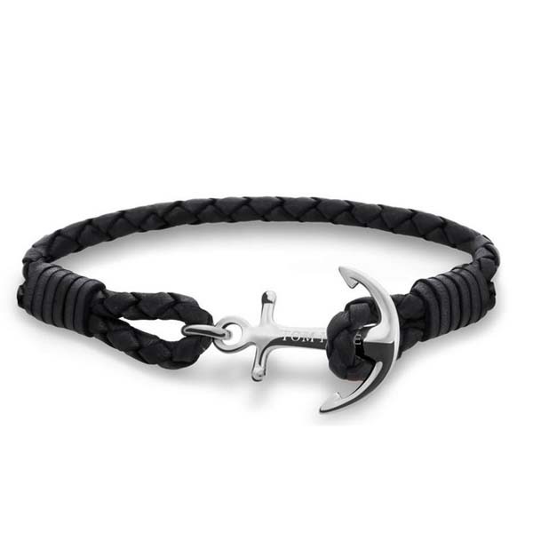 Tom Hope Jet Black - pelle nera intrecciata e ancora in argento 925 - M